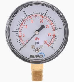 2.5" Steel Low Pressure Gauge, Bottom Mount, w/ Brass Internals (0-5 PSI)